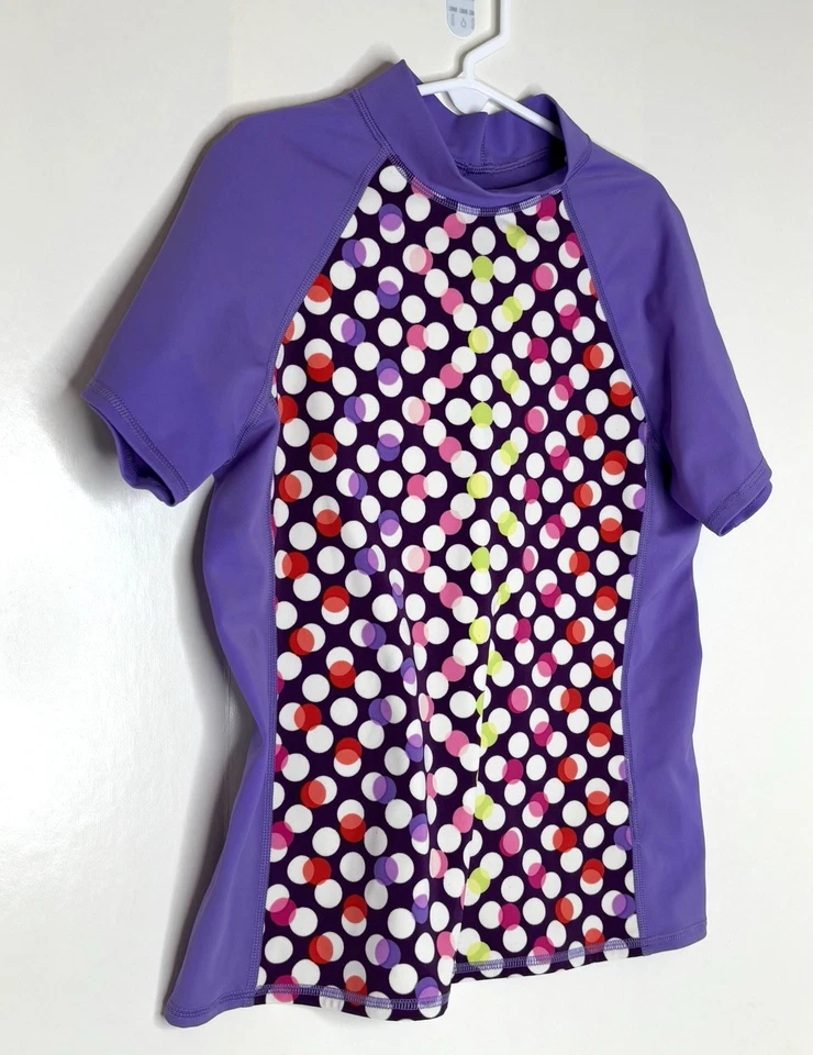 Top Lands' End Girls M mediano 10-12 manga corta natación protección contra erupciones puntos morados Foto 2 de 4