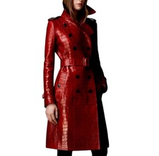 Handmade Women's Lamb Skin Crocodile Embossed Vintage Leather Dress Coat |