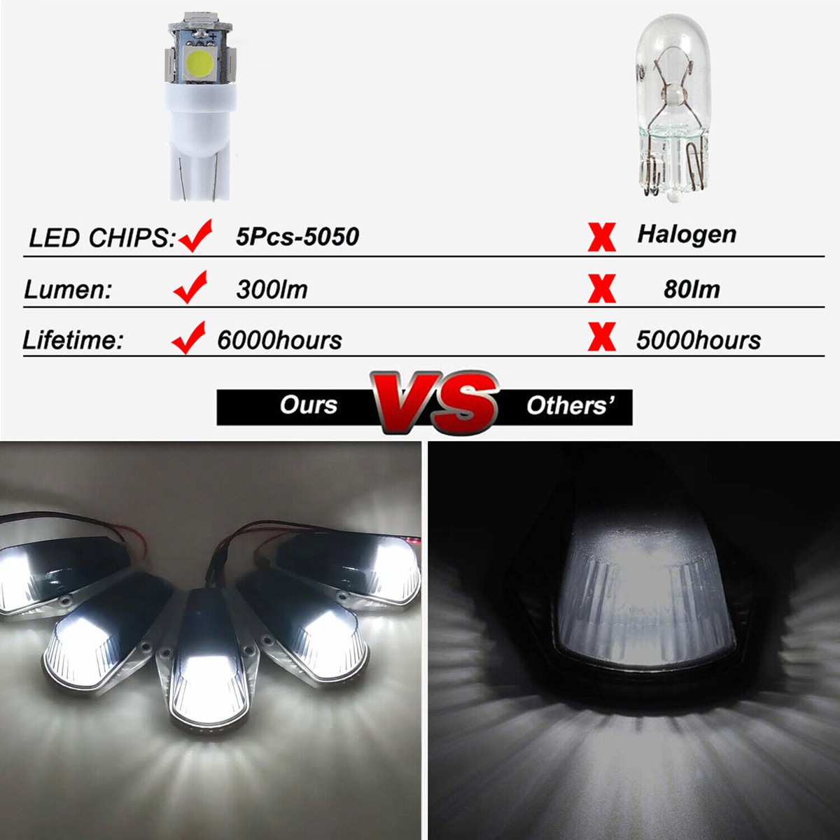 5X White LED Cab Roof Marker Lights Kit For 80-97 Ford F250 F350