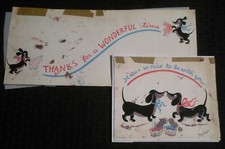 WONDERFUL TIME Cartoon Dogs w/ Bowls 2pcs 14x6" Greeting Card Art #M1407