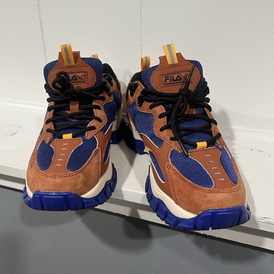FILA 95 Leather Low Top Lace-Up Sneakers Colorblock Brown Blue Yellow