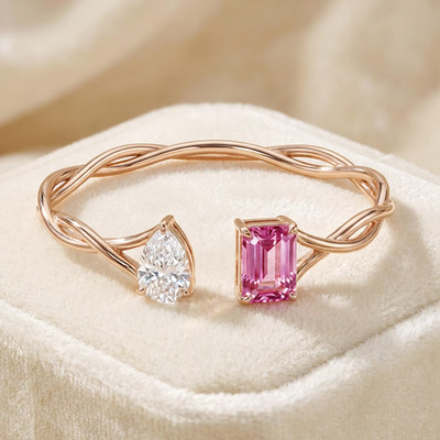 Inspired Sapphire & Diamond 18K Rose Gold Over Two Stone Cuff Bangle Bracelet