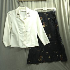Susan Bristol Skirt Blouse Set 6 Womens Button Up Long Sleeve Black Feathers USA