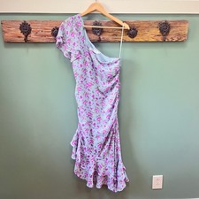 ASTR the Label Blue Lavender Floral One Shoulder Ruched Ruffle Midi Dress M