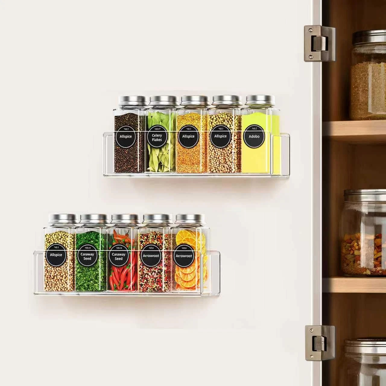Wall Mounted Acrylic Spice Rack 2 Pack, 9 Inch Clear Pantry Door Organizer, F...
