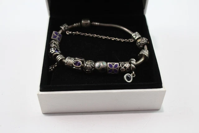 7 Pandora Sterling Silver Charm Bracelet w/ Charms Stone Set Floral Enamel (55g)