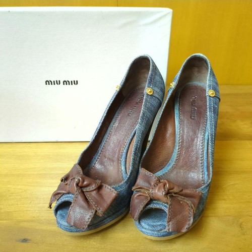 Miu Miu Blue Denim Wedge Peep-Toe Heels with Brown Leather Bows - EU 37 JAPAN - Picture 2 of 24