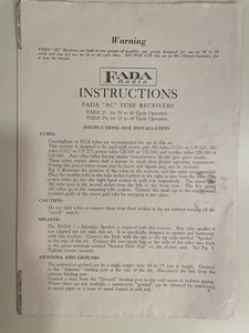 Original FADA 25 or 25z Radio Operating Instructions Manual 1929 Vintage Radio