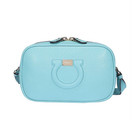 Salvatore Ferragamo Light Blue Pebbled Shoulder Bag Zip Embossed Logo Accent