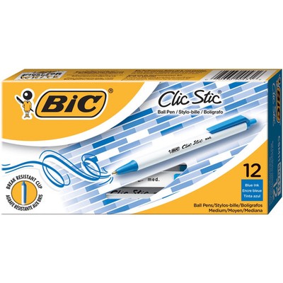 BIC Clic Stic Retractable Ballpoint Pens, Medium Point, 1.0 mm, White Barrel, Bl
