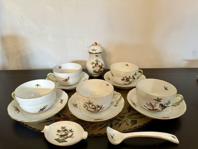 LOT Herend Rothschild Bird RO-1726 5 Teacups 5 Saucers Spoon Sugar Shaker & Tray