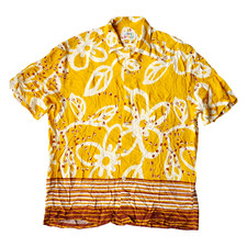 Jams World Hawaiian Shirt Mens Large Cocoa Flower Rayon Vtg 90s Made USA Yellow