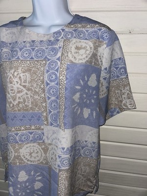 VTG Kathy Che Sz ?? (See Meas) Blue Ivory Patchwork Blouse Pullover S/S EUC