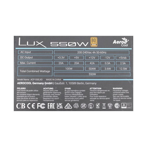 AeroCool Lux 550W (ACP-550LXD) ATX Netzteil 550 Watt 80+ #329889 - Afbeelding 2 van 5