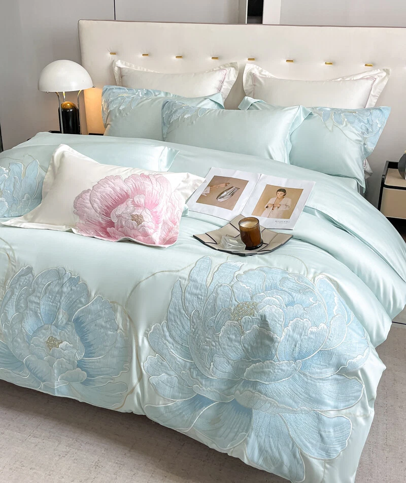 Juego de cama de algodón de los años 140 4 piezas funda de edredón sábana plana 2 fundas de almohada juego de bordado Foto 2 de 4