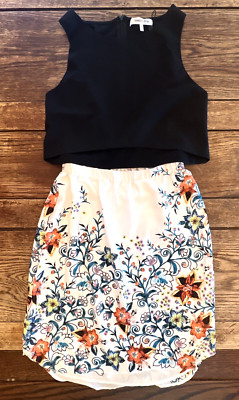 Y2K COCKTAIL TANK DRESS CROPPED MIDRIFF BLACK IVORY FLORAL Boho WEDDING NEW! 2