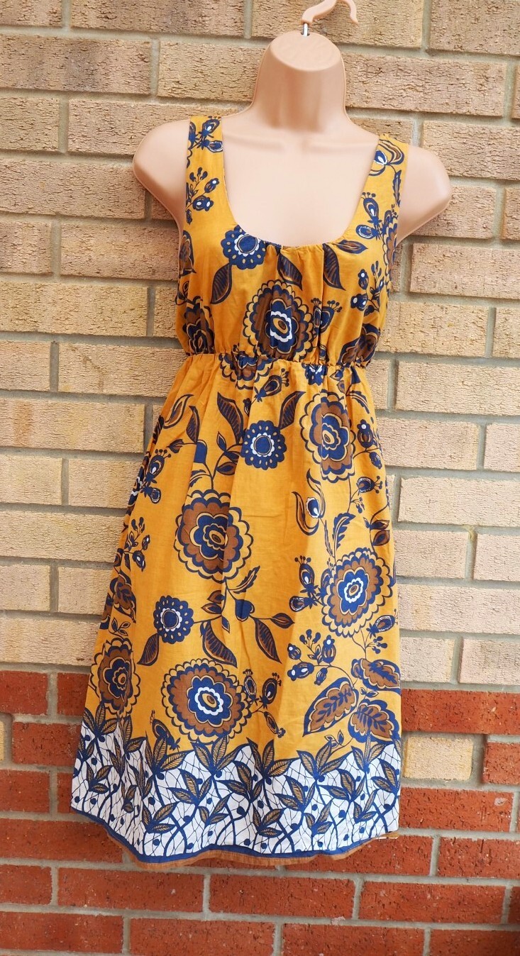 PRIMARK YELLOW MUSTARD BLUE FLORAL COTTON SLEEVELESS A LINE DRESS 12 14 |  eBay