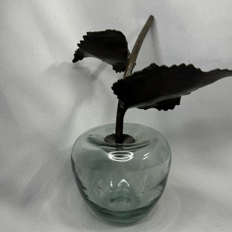 Vidrio artístico soplado a mano azul ahumado vintage manzana metal vástago hojas vidrio burbuja Foto 4 de 4