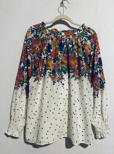 Talbots Top Womens 2X Vibrant Floral Smocked Cuff Ruffle Romantic Feminine - Picture 5 of 8
