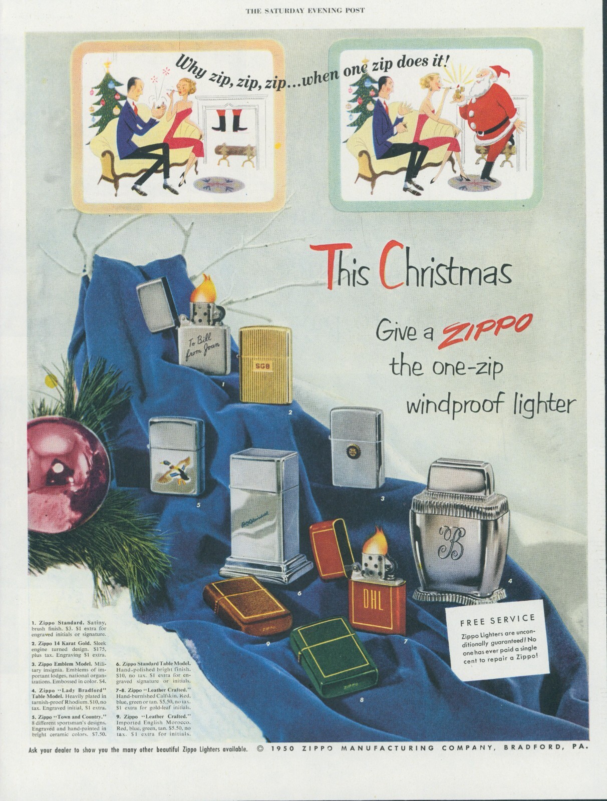 1950 Zippo Lighter Santa Lighting Cigarette Christmas Tree Vintage Print Ad SP7