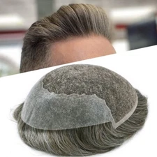 Mens Toupee Human Hair French Lace Front Breathable Lace&Skin PU Poly Hair Piece