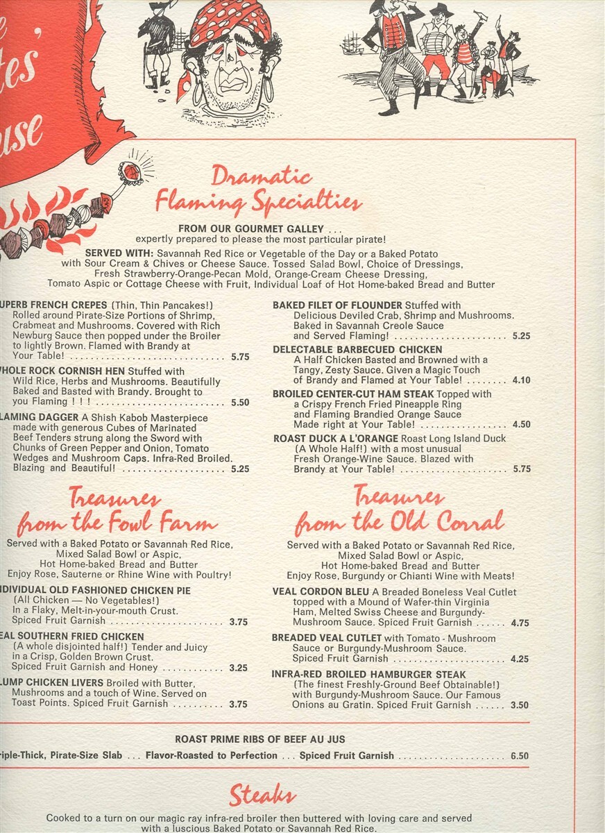 Herb Traub's Pirates' House Restaurant Menu E Broad Street Savannah