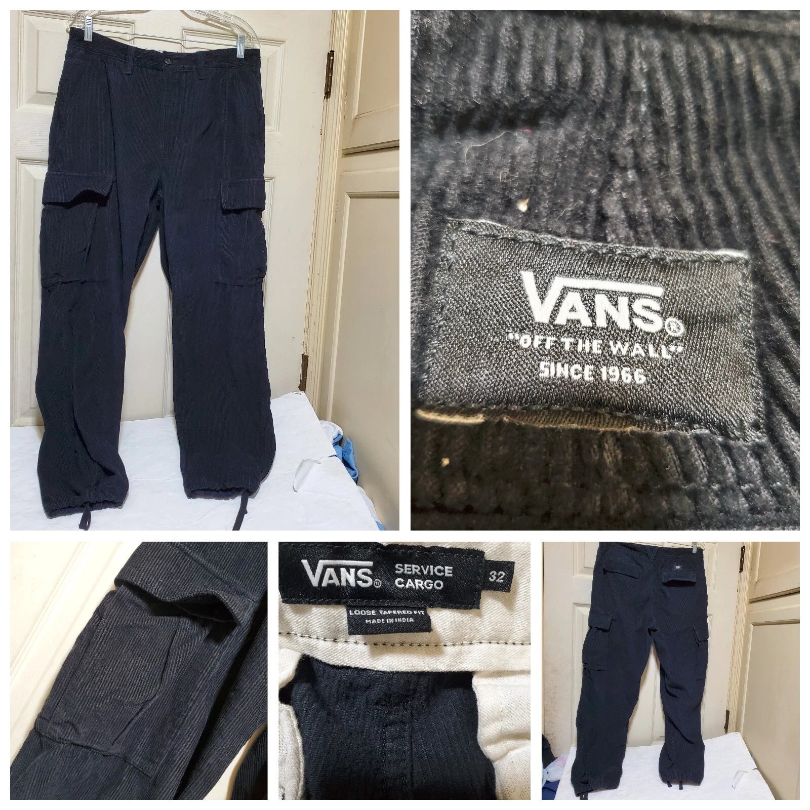 Pantaloni Vans Uomo 32 Sciolti Conici Nero Velluto a coste Cargo Service Paracadutista Pattinatore