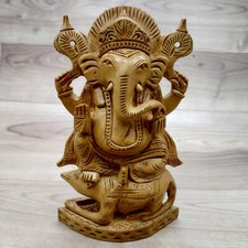 Ganesha Statue 6 Zoll sitzend auf Maus Holz handgeschnitzt Hindu Gott Lord Ga...