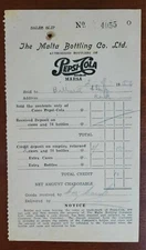 Rare Vintage Invoice Receipt "The Malta Bottling Co. Ltd" Pepsi-Cola 1954