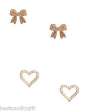 SET OF 2 GUESS GOLD TONE HEARTS+PEACH RHINESTONE & BOWS WITH PEARL STUD EARRINGS