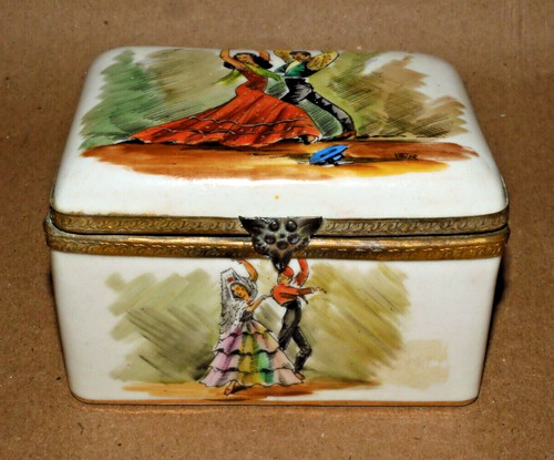 FLAMENCO DANCERS Hand Painted TRINKET BOX Sign VICTOR Vtg 4” OOAK Exc Cond!