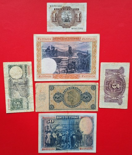 Spain 25 PESETAS 1936 100 PESETAS 1925 5 PESETAS 1935+1954 50 PESETAS 1928 NOTES - Picture 4 of 5