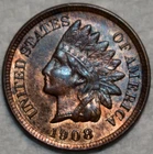 Uncirculated 1908 Indian Head Cent, Lustrous, Red-Brown specimen.