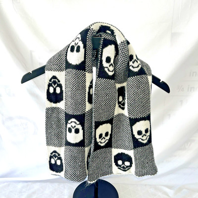Skull Checkerboard Knit Scarf Reversible Black White Grunge Goth Emo 10'' x 80''