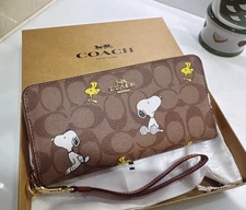 NEW COACH x PEANUTS Long Zip around Wallet Snoopy Woodstock Khaki
