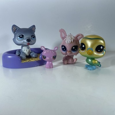 Littlest pet shop lot of 4 figures 1 accessory Husky, Bunny, Parakeet, Baby Deer