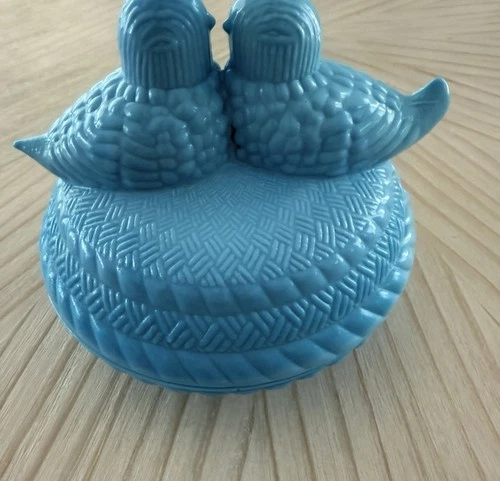 Vintage Blue Milk Glass Love Birds On Nest Candy Dish Bowl