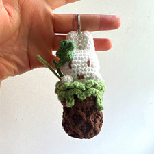 Crochet Bunny Keychain Charm w/ Metal Key Ring, Yarn - White Green Brown