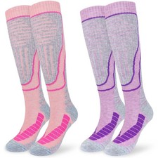 KOOOGEAR 2 Pairs Womens Merino Wool Ski Socks, Knee High 4-7, Pink/purple