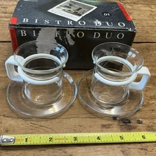 2 BODUM BISTRO DUO  glass espresso coffee tea cups with saucers, white handles