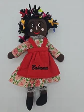 Bahamas Souvenir Tourist  Handmade Cloth 9”Black Rag Doll Yarn Hair