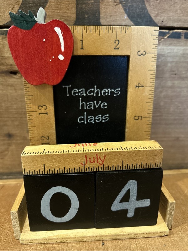 Vintage Wood Perpetual Desk Calendar Cottage Core Teacher Apple Ruler Chalkboard