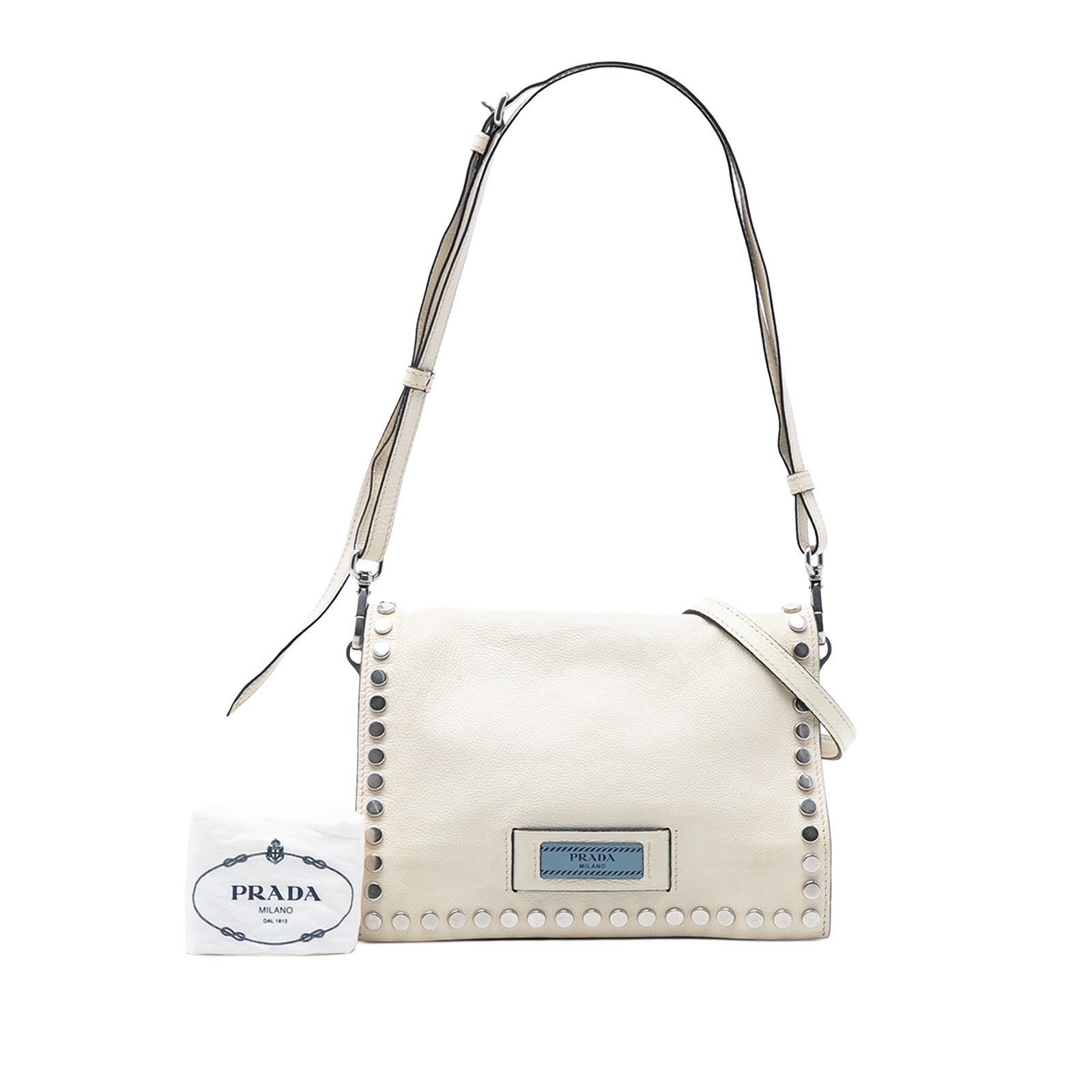 Authenticated Prada Glace Calfskin Studded Etiquette Flap Off White Calf Leather thumbnail 7