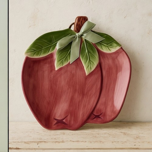 Apple Plate Ceramic Trivet Green Bow Vtg 90s Cottagecore Farmhouse Decor 7.5"