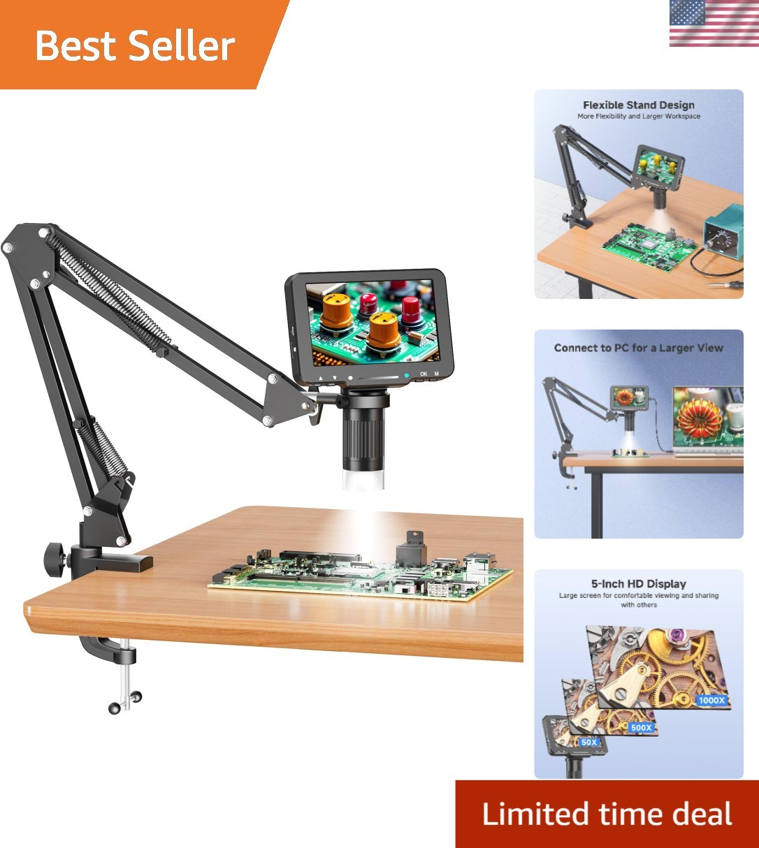 5" lcd digital microscope, 1000x magnification soldering microscope for elect...
