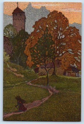 Luzern Switzerland Postcard Evening at Musegg Orj Glitch c1930's Vintage
