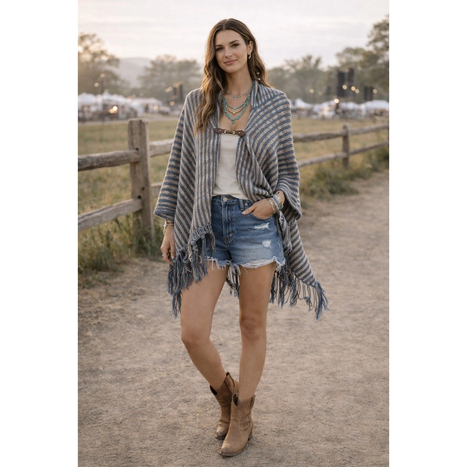 Boho Western Festival Cozy Soft Blue Tan Striped Hooded Poncho Fringe One Size
