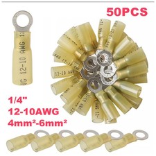 50 Heat Shrink Ring Terminal wire Connector Yellow 12-10 GA AWG Gauge 1/4" Hole
