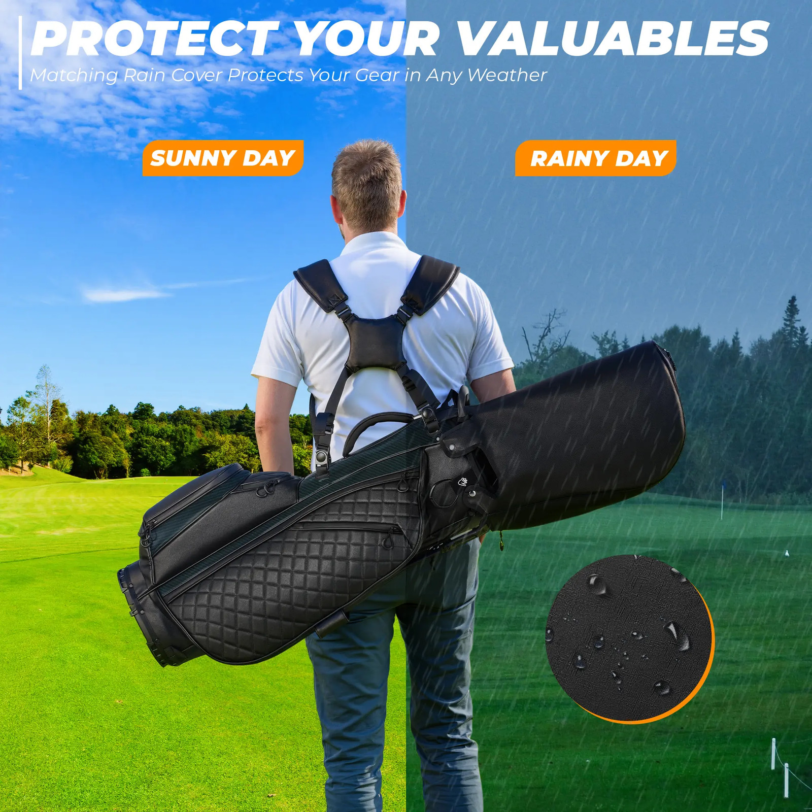 PU Leather Golf Stand Bag 7-Way Full Dividers Velvet-Lined Cooler & Dual Straps