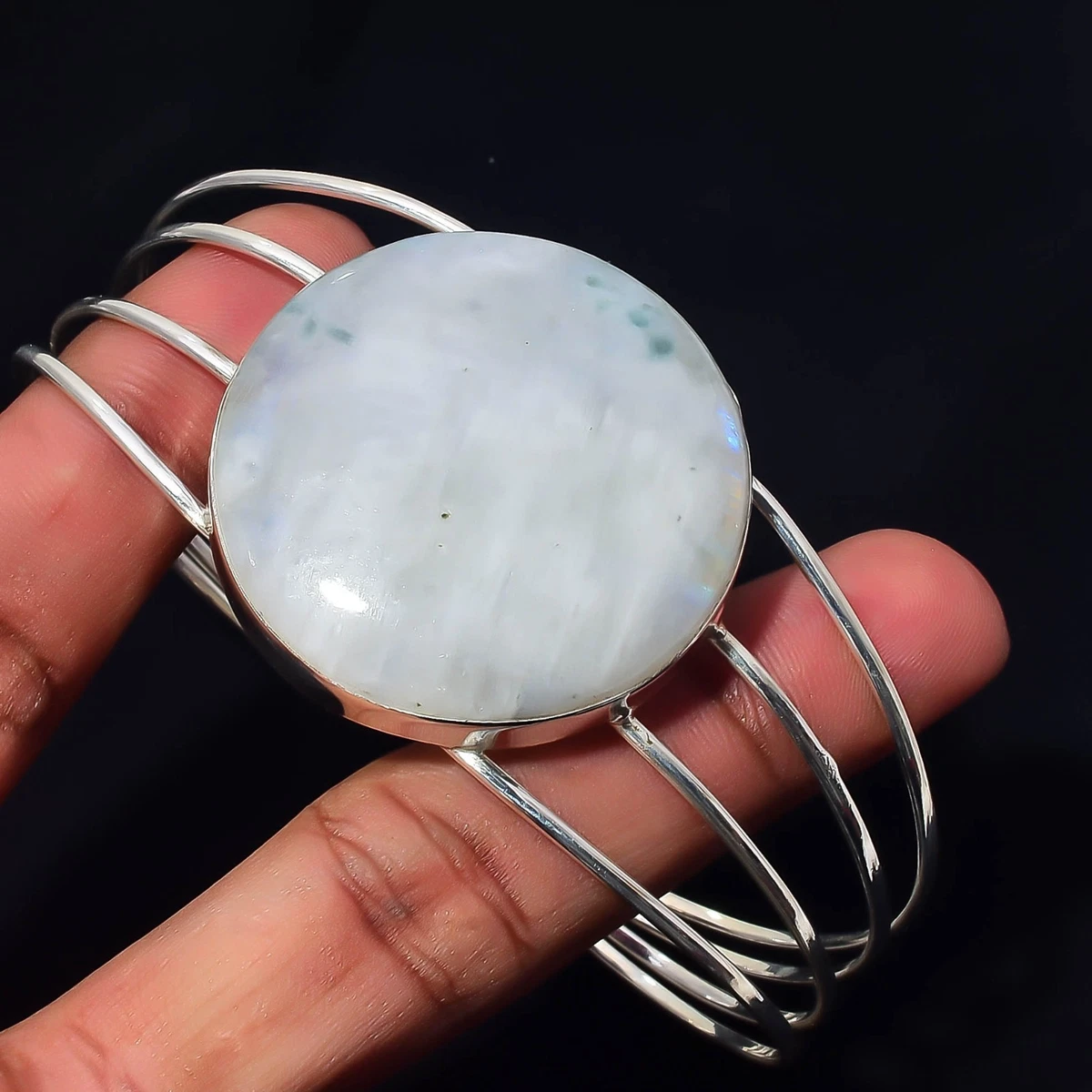 Rainbow Moonstone Gemstone 925 Sterling Silver Handmade Bangle Jewelry Gift For